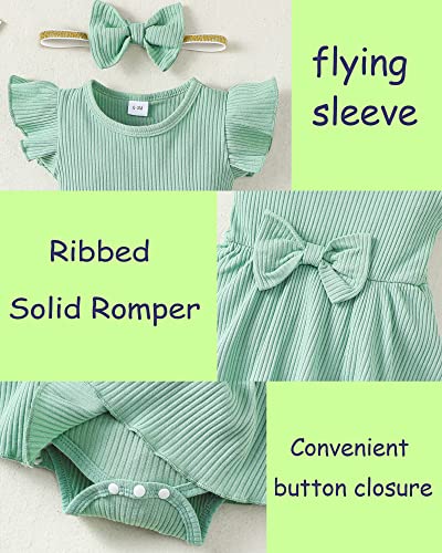 Highuzza Newborn Baby Girl Clothes 0-3 Month Infant Dress Summer Romper Onesie Floral Short Set Suspender Outfit Jumpsuit Headband Overall Skirt Solid Green #TOP3