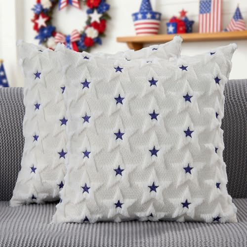 DFXSZ 4th of July Pillow Covers 20x20 inch Set of 2 4th of July Decor Blue Embroidery Star Decoration Soft Plush Faux Fur Jacquard Throw Pillows Independence Day Decorations for Home Sofa PTK027C20