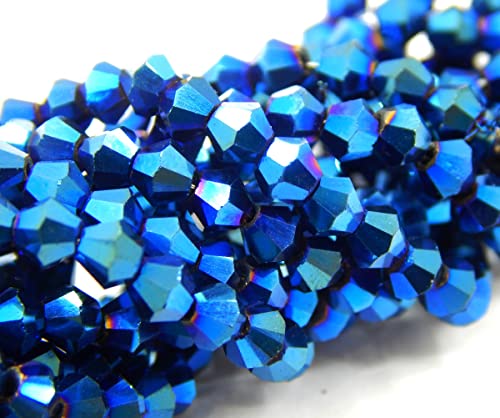 Perlin 90x Bohemian Crystal Pearls 4 mm Double Cone Czech Glass Cut Bicone Beads Metallic Blue, Klein