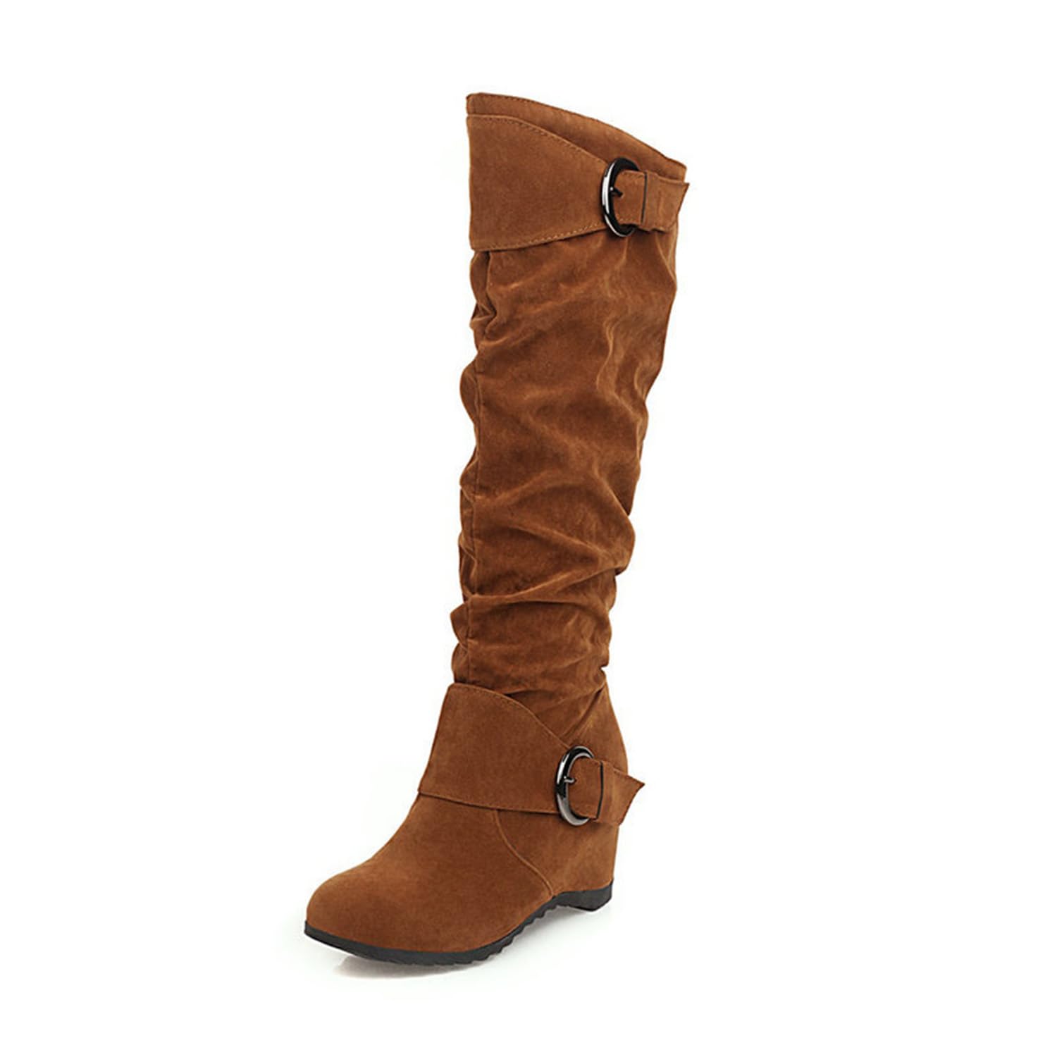 Womens Suede Knee High Boots Wide Calf Fashion Fall Winter Slouchy Hidden Wedge Boots with Buckle