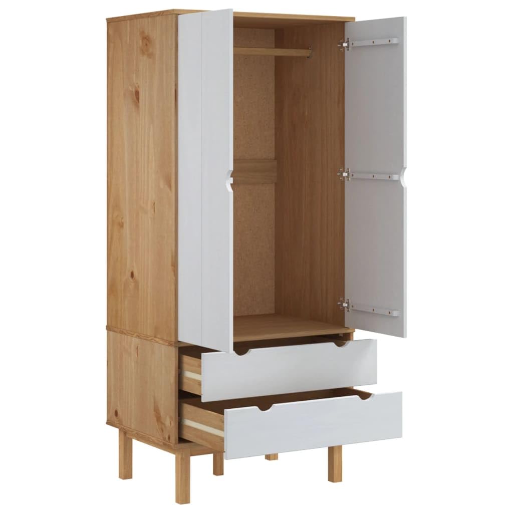 Kleiderschrank OTTA Braun Weiß 76,5x53x172 cm Massivholz Kiefer mit Stauraum, Schubladen und Fach für Schlafzimmer Flur und Ankleidezimmer, stabile Drehtür schwebetür Eckschrank
