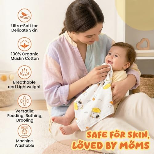 Image of GLUN 25x25cm Newborn Baby Muslin Cotton Towels Pack of 5, 2-Layer Soft Washcloth Hankies, Reusable Face Cloths for Infant Feeding, Cleaning & Bath, Skin Friendly, Printed