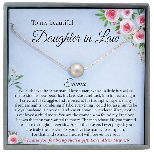 Daughter in Law Gifts Necklace with Meaningful Message, 14K Gold Filled or 925 Sterling Silver Floating Pearl Necklace