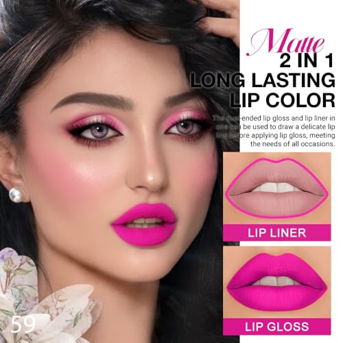 Image of evpct 1Pcs Hot Pink Matte Lip Liner & Liquid Lipstick Stain Makeup Set for Women Gift, Pink Lip Liner Stain Long Lasting Waterproof Smudge Proof, Longwear Lips Stick Makeup 24 hours originale, 59