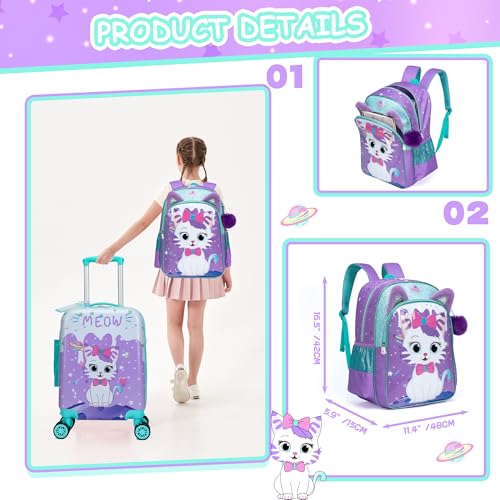 Cute Cat Kid’s Luggage Set 5 Piece Suitcase Set 16’’ Hardside Luggage with Spinner Wheels Girls Boys Carry on Toddler Luggage Travel Rolling Luggage Carry on Luggage Airline Approved - Image 6
