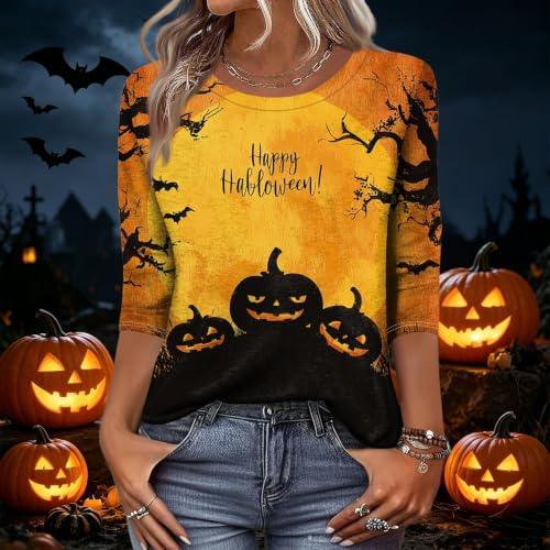 Image of Women Spooky Halloween Graphic Shirt 3 /4 Length Sleeve Crewneck Top | Halloween Funny Printed Pumpkin Plus Size Tshirts 2026 Fall Outfits Skeleton Tee Going Out Tops