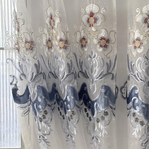 Amidoudou 1 Paar Europäische Luxus Gestickte Transparente Vorhänge Für Wohnzimmer Schlafzimmer Tüll Vorhänge(Weiß und Blau,2-Set H 230 x B 130 cm)