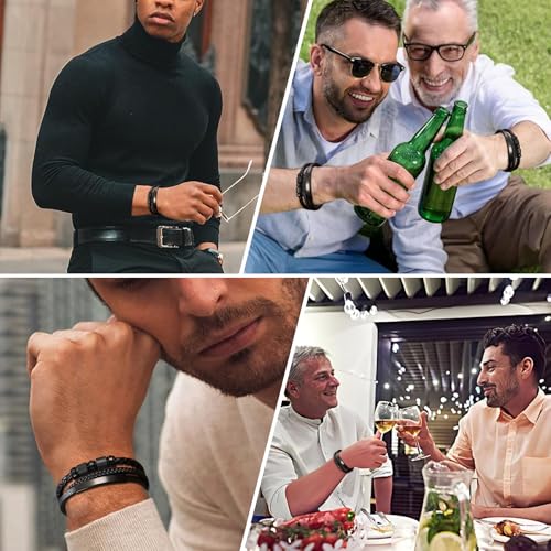 PacuM Pulsera Hombre Cuero Negro Pulsera Cuero Hombre PU Pulseira Homem Acero Titanio Accesorios Moda Tendencia Bracelet Tejido para San Valentín Día Del Padre Regalos Cumpleaños - imagen 5