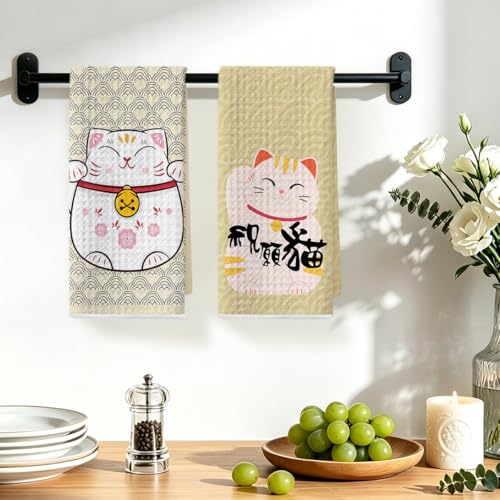 Image of 2 Pcs Japanese Lucky Cat Kitchen Towels 24x14 Inch, Maneki Neko Gifts Reusable Dish Towels for Kitchen Bathroom Decor, Waffle Weave Hand Cloth Tea Towel, Cute Cat Lover Gifts for Women Mom Friend