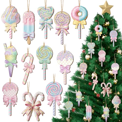 Suzile 36 Pcs Pastel Christmas Wooden Ornaments Set Christmas Candy Hanging Decoration Pastel Wooden Lollipop Candy Cane Tree Ornaments Winter Wood Crafts for Xmas Holiday Party Wall Supplies