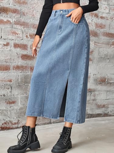 Women's Summer Casual Elastic Waist Midi Denim Skirt A Line Stretch Side Slit Jean Skirts2