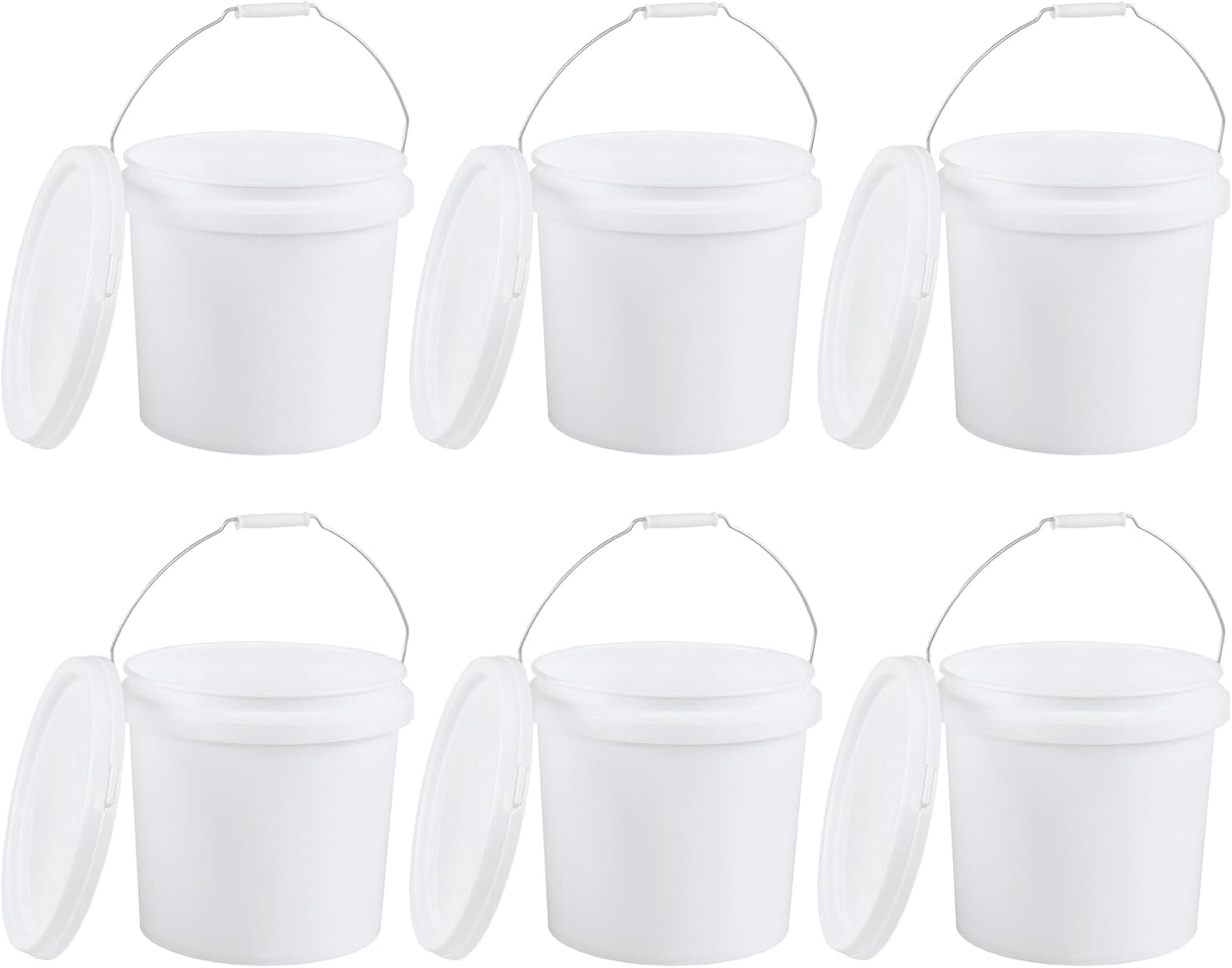 Ramddy 4 Gallon Airtight Round Storage Bucket Pails, 6 Packs Food Grade Storge Buckets with Handle, White