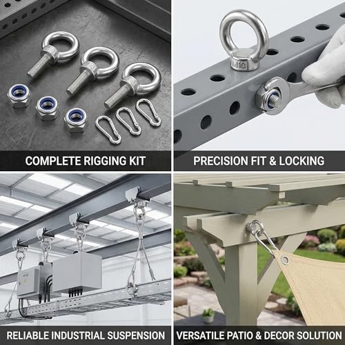 MAXMURYS Ensemble de 3 Boulons Œillets M10 en Acier Inoxydable 304, 40 mm, avec Écrous de Sécurité, pour Installation, Suspension et Montage Extérieur – vue 5