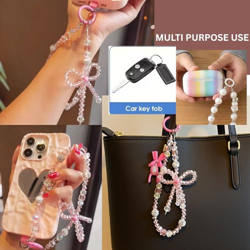Image of Phone Charm with Beaded Chain | Acrylic Phone Strap for Mobile Keys & Bags | Decorative Wrist Strap | Lanyard Charms | Keychain Accessory for Women Girls (Crystal-Pink-Bow)