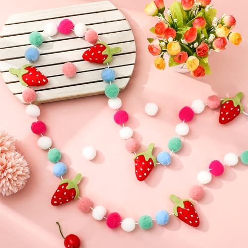 Image of JarThenaAMCS Strawberry Felt Banner 3D Strawberry Pom Ball Garland Colorful No DIY Required Bunting Garland for Birthday Baby Shower Party Supplies Hanging Decoration