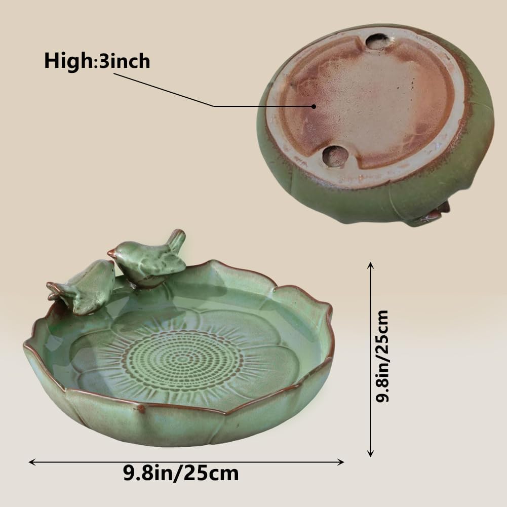 Ceramic Bird Bath Bowl for Outside – 9.8" Green Heavy Duty Garden Birdbath Basin, Ground or Tabletop Water Dish & Feeder for Birds, Bees, and Butterflies, Durable Weather-Resistant Outdoor Decor