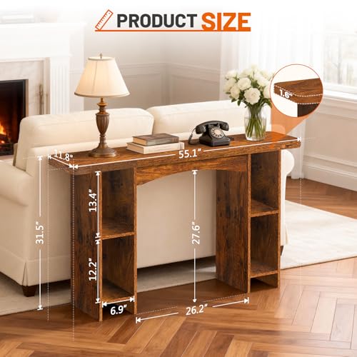 Sonharlar 55 Inch Entryway Table Single-Shelf Cabinet, 1.6 Inch Thick Desktop Wooden Console Table with Socket Farmhouse Sofa Table for Entrance, Hallway, Living Room,Behind Couch(Rustic Brown) — view 2