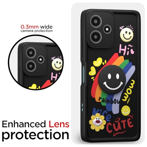 Image of Pikkme Back Cover for Redmi 12 5G / Poco M6 Pro 5G | Soft Silicone| Cute Rainbow Smile & 3D Cartoon Flower Design | Shockproof Raised Camera Protection Bumper Case (Black)