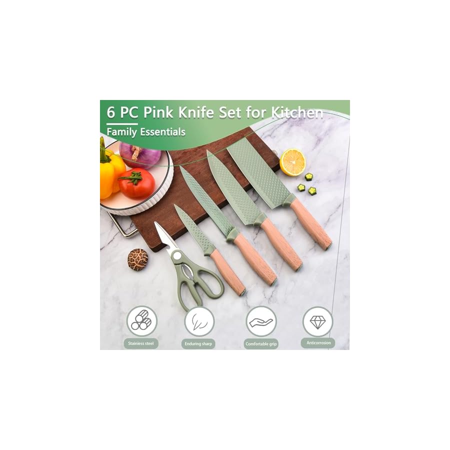 Knife-Set-6-Pieces-Professional-Kitchen-Knife-Set-with-Universal-Knife-Block-Super-Sharp-Knife-Set-with-Ergonomic-Handle-Non-stick-Stainless-Steel-Knife-Block-Set-Green Knife Set, 6 Pieces Professional Kitchen Knife Set with Universal Knife Block, Super Sharp Knife Set with Ergonomic Handle Non-stick Stainless Steel Knife Block Set (Green)