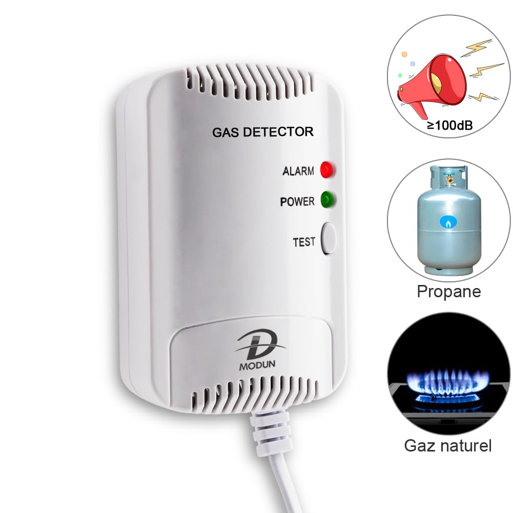 D MODUN Détecteur de Gaz, Fuite de gaz Gaz Naturel/GPL/Charbon, Moniteur de gaz Méthane Propane Butane, 100dB Avertissement de Lumière Stroboscopique, Alarme de gaz enfichable Convient pour la cuisine