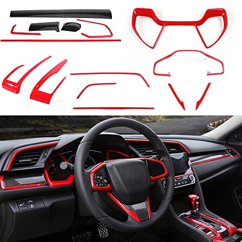 BOYUER 15PCS Civic Interior Full Accessories Center Console Gear Box Cover Trim Steering Wheel Trims Decoration Stickers for 10th Gen Honda Civic 2020 2019 2018 2017 2016(RED)