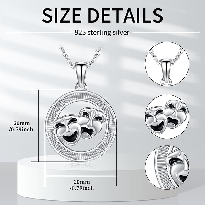 Comedy Tragedy Masks Necklace 925 Sterling Silver Masks for Drama Theater Pendant Jewelry Theatre Gifts for Women - Image 3