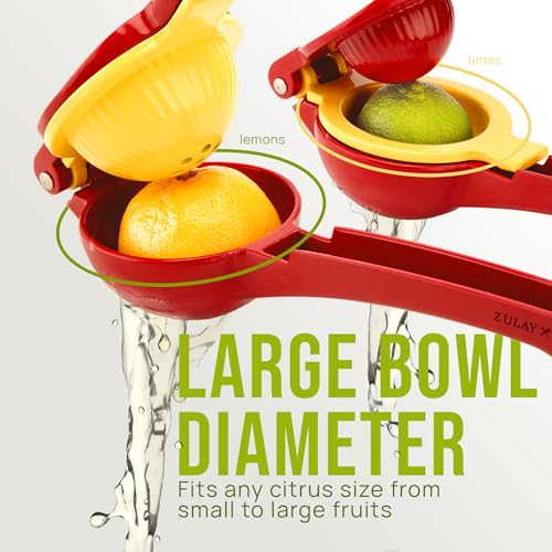 Image of Zulay Kitchen Metal 2-in-1 Lemon Squeezer - Sturdy Max Extraction Hand Juicer Lemon Squeezer Gets Every Last Drop - Easy to Clean Manual Citrus Juicer - Easy-Use Lemon Juicer Squeezer - Red /Yellow