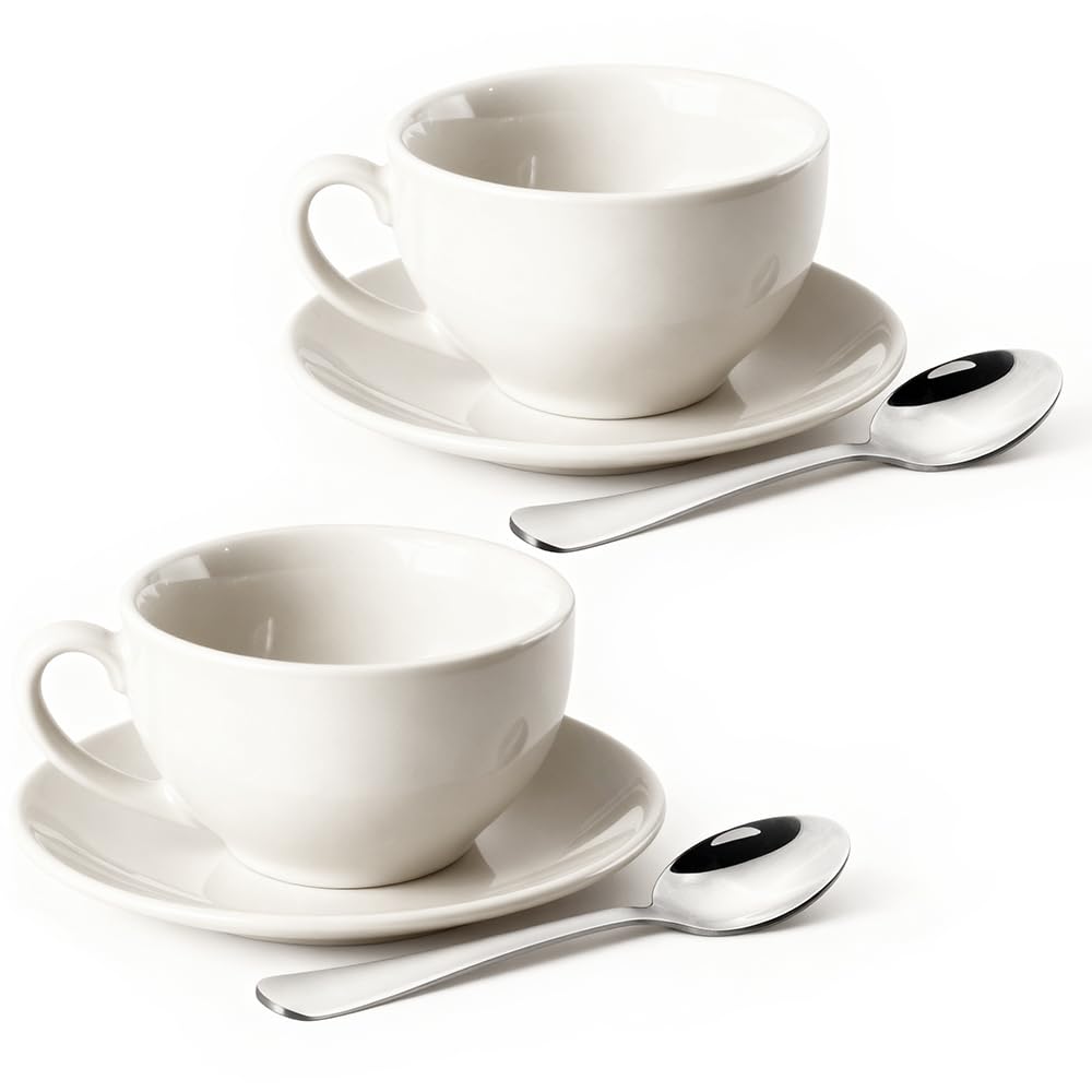 ionEgg Porcelain Coffee Cup with Saucer 220ml for Cappuccino, Latte and Tea, White, Set of 2