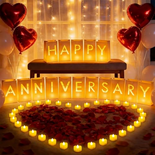 Image of Happy Anniversary Decoration, Light Up Letters Luminaries Signs with Flameless Candles and Fake Rose Petals, Anniversary Romantic Party Decor