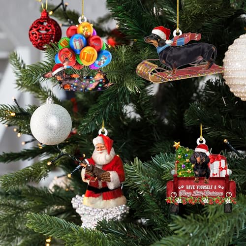Weihnachtsbaumschmuck, Christbaumschmuck, 4 Stück Dackel Weihnachtsanhänger mit Doppelseitiger, Dackel Hängender Acryl, Weihnachtsdeko zum Aufhängen, Weihnachtsdekoration, Weihnachten Ornamente