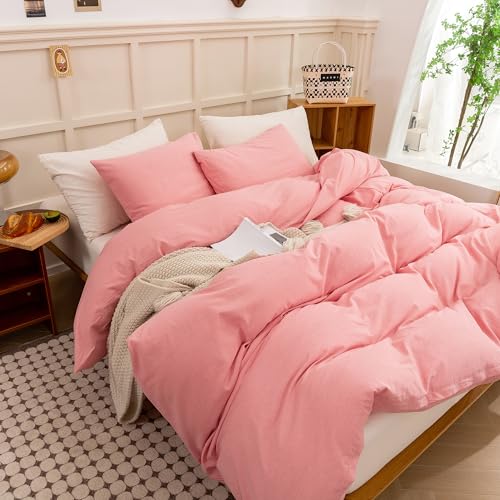 Image of ECOCOTT Pink Duvet Cover Queen Size - Linen Feel Organic Natural 100% Washed Cotton, Soft Breathable 3 Pieces Bedding Set with Zipper Closure