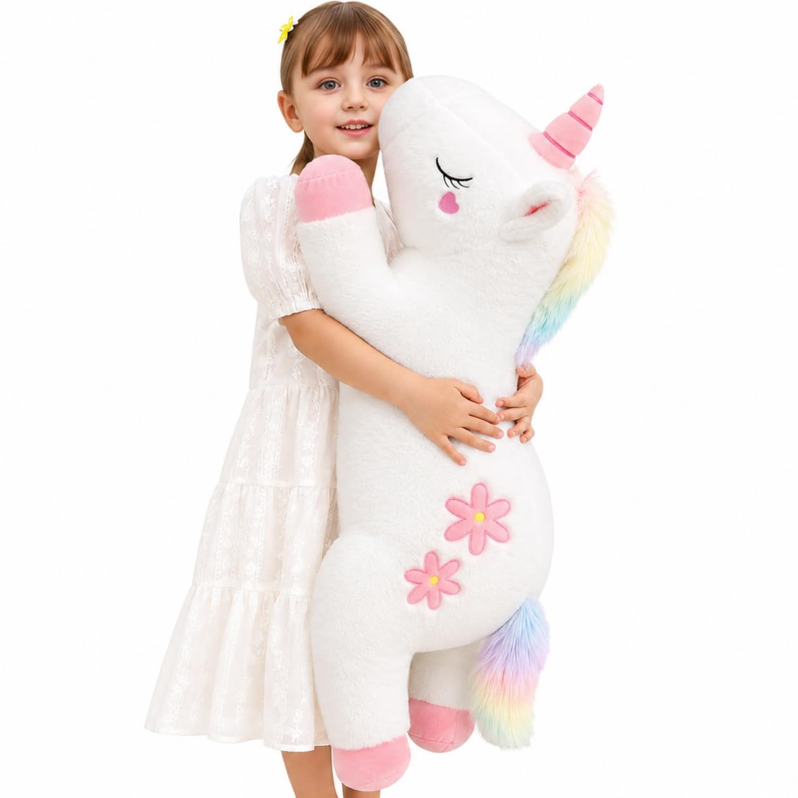 Dalmao Unicorn Cuddly Toy 80 cm, Large Plush Unicorn Cushion, Soft Stuffed Toy Unicorn with Rainbow Mane, Cuddly Cushion Plush Toy for Children Girls, Birthday Christmas Gift