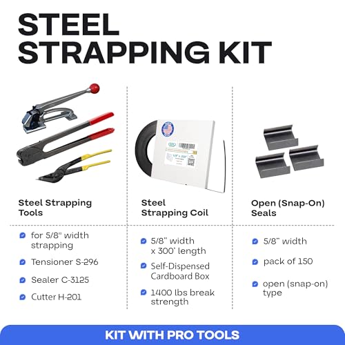 Image of IDL Packaging PRO 5 /8 inch x 300' Steel Strapping Kit, 1400 lbs Break Strength - Professional Grade Tools & Mini Strapping Coils - Enough Strapping and Seals for 150 Uses Before Refill