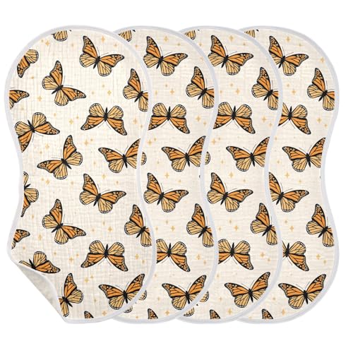 Image of Muslin Baby Burp Cloths, Brown Monarch Butterflies Muslin Baby Bibs Rags Comfy Soft Absorbent in for Newborn Boys and Girls 4 Piece 22 x 11 Inch