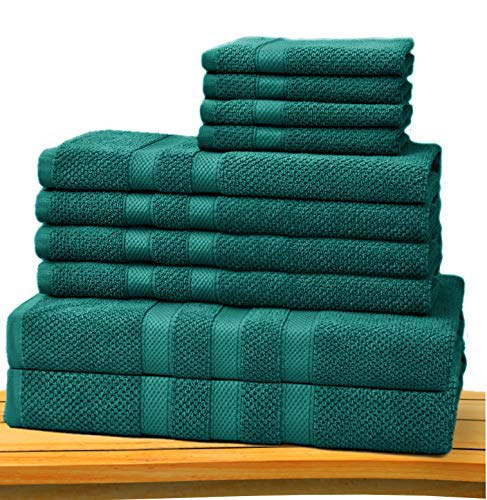 COTTON CRAFT- Popcorn Rice Weave 10 Piece Bath Towel Set - Teal - Premium Ringspun Cotton - Heavyweight 600 GSM - Highly Absorbent - Textured Yet Soft - 2 Bath Towels 4 Hand Towels 4 Washcloths