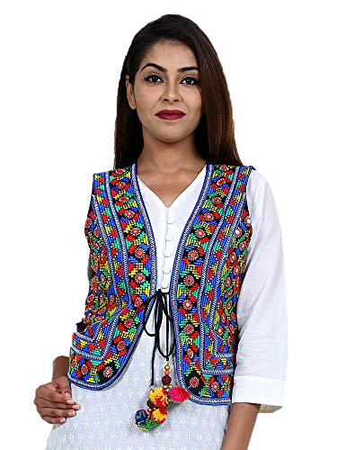 Image of Craft Trade Women's Cotton Embroidered Kutchi Jacket with Tassels Sleeveless Mirror Work