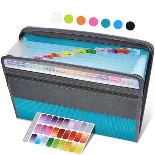 Sooez Accordion File Organizer with Safe Zipper, 12 Pocket Expanding File Folder with Front Pencil Pouch, Portable Monthly Paper Bill Tax Receipt Organizer, School Office Supplies, Letter Size, Teal