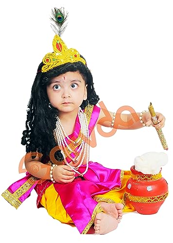 Image of Sarvda Krishna & Radha Dress for Kids - Complete Janmashtami Costume Sets with Dhoti /Lehenga, Mukut, Mor Pankh, Bansuri & Accessories | Fancy Dress for Baby Boys & Girls