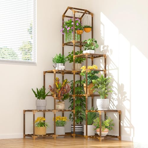 Image of Snazzy 64.2 inch H Plant Stand Indoor Outdoor Tall Plant Shelf for 13-19 Pots Corner Tiered Plant Stands for Multiple Plants Wood Hanging Plants Holder for Garden Balcony Patio Window Porch