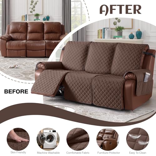 Image of KinCam Waterproof Recliner Sofa Cover, Non-Slip Reclining Couch Covers for 3 Seat, Recliner Couch Cover Furniture Protector with Elastic Straps for Pets, Kids, Deep Brown