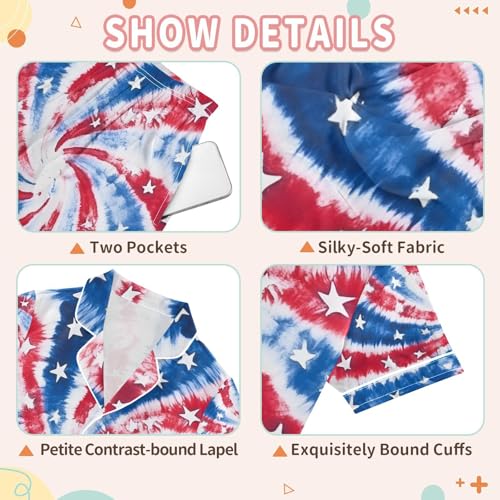 Red Blue Star Tie Dye Summer Pajamas Set Soft Satin Pjs Sets 2 Piece Short Sleeve Sleepwear Casual Clothes3