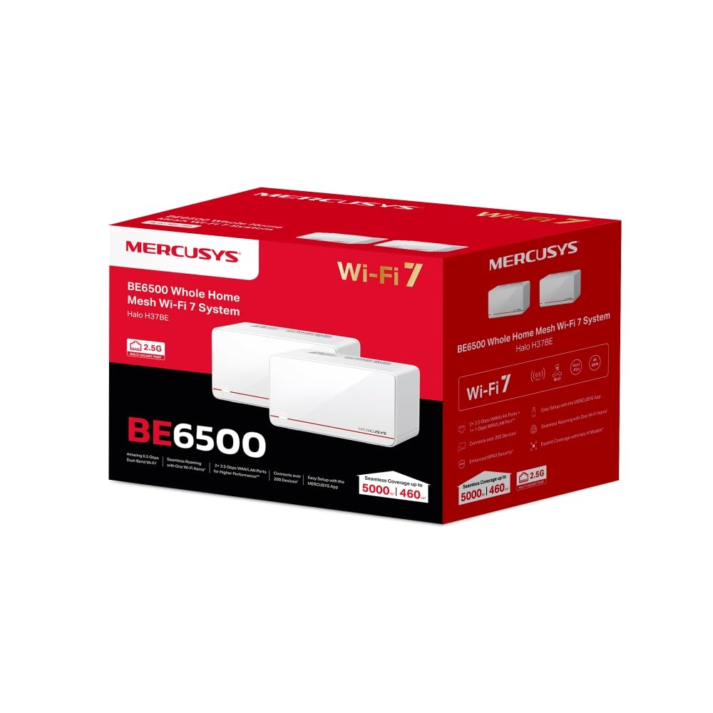 Mercusys BE6500 Sistema Wi-Fi 7 de malla para todo el hogar, doble banda, 4K-QAM, MLO, 2 x 2.5G + 1 x 1 G, roaming sin costuras, juegos y transmisión, fácil gestión y configuración de aplicaciones