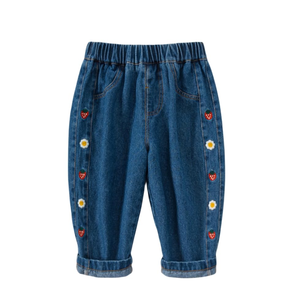 Boys Casual Jogger Elastic Jeans Embroidered Toddler Kids Fashion Loose Denim Pants with Pockets (Strawberry,90/18-24 M,Unisex,Big Kid,US,Age,18 Months,24 Months)
