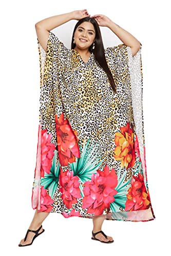Image of Women Plus Size Kaftan Dress Beach Cover Up Maxi Dresses for Women, V-Neck | Kimono Sleeve 1X-3X