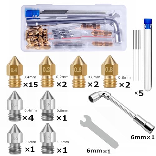 28 Stk 3D Drucker Düse Set, MK8 Nozzle 21x Messingdüsen+7x Edelstahldüsen für 0,2mm 0,4mm 0,6mm 0,8mm Extruder Düsen mit Düsenreiniger tool für CR-8 / CR-10 / Ender 3 / Ender 3S / 5/6 and so on…