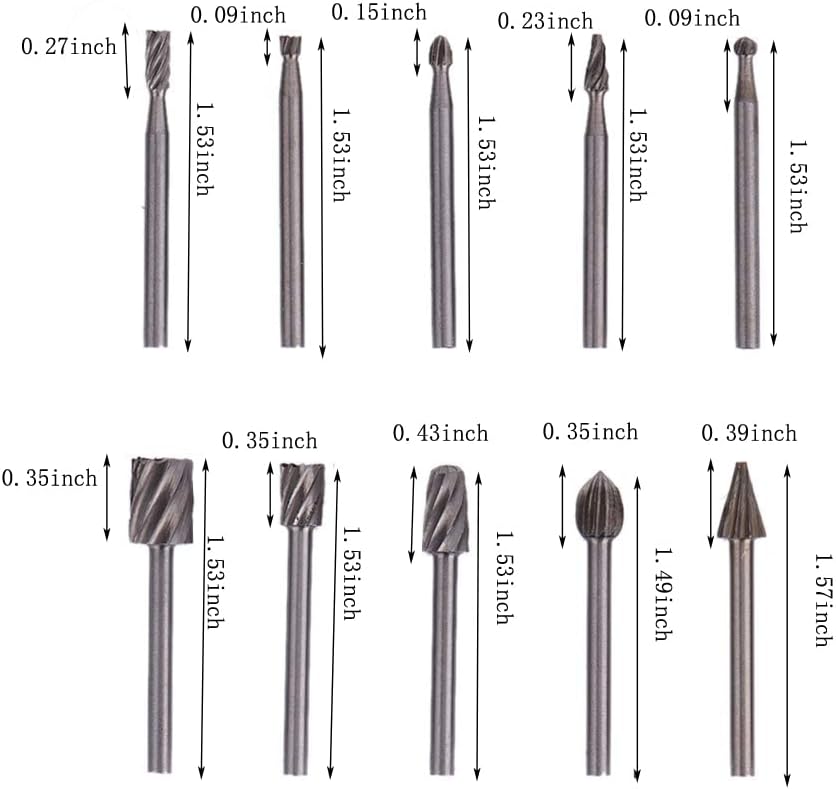 Rongon Carbide Rotary Burr Set 10Pcs Double Cut Carving Burr Bits Wood Engraving Router Kit for Rotary Files Bit Wood Cutting Burrs Set Die Grinder Kits