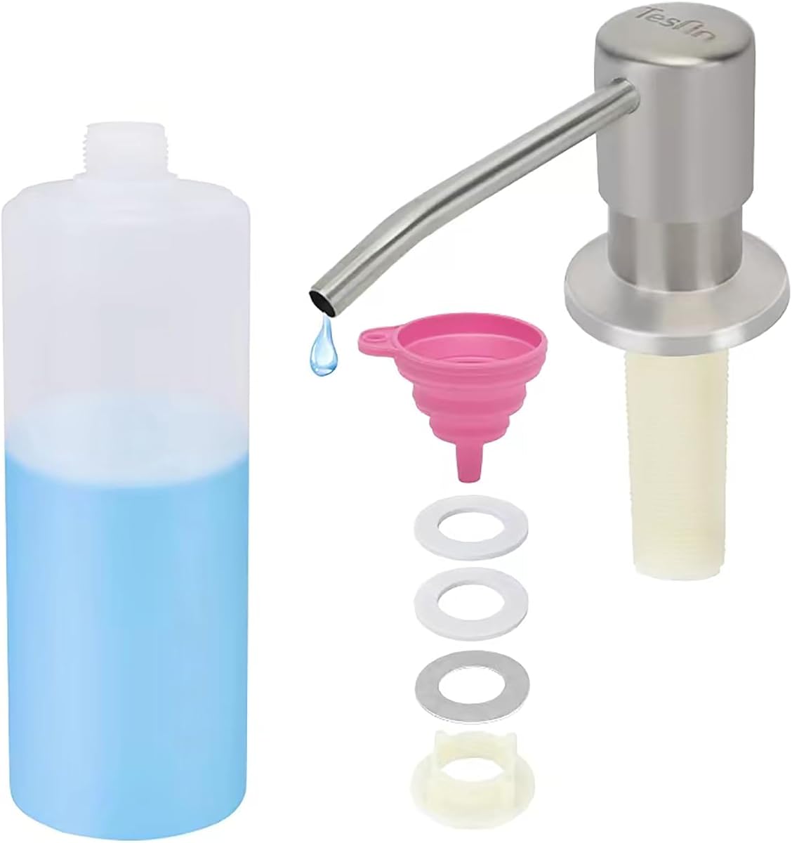 Dish Soap Dispenser for Kitchen Sink Brushed Nickel Under Sink Soap Dispenser Pump Head with 10.14 Ounce PET Soap Bottle and 1.88" Base