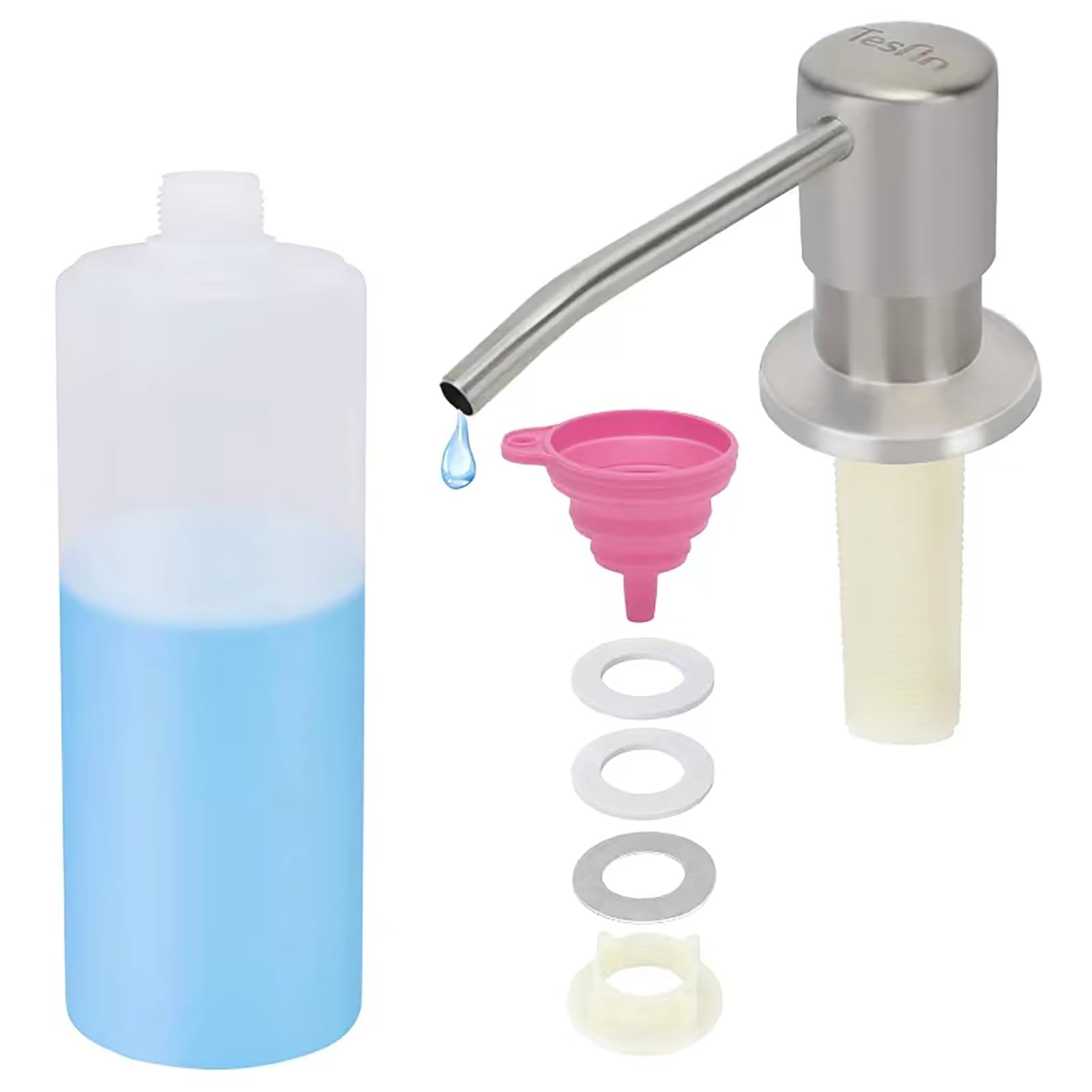 Dish Soap Dispenser for Kitchen Sink Brushed Nickel Under Sink Soap Dispenser Pump Head with 10.14 Ounce PET Soap Bottle and 1.88" Base