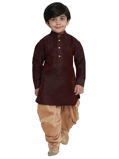 Boys Cotton Silk Blend Kurta and Dhoti Set - Elegance for Festivals | Pathani Style Full Sleeves Kurta and Cowl Style Patiala Dhoti Pant Set | Traditional Attire for Kids