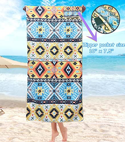 Microfiber Sand Free Beach Towel With Zipper Pocket, Oversized Large Beach Towels For Travel Pool Swimming Bath Camping Yoga Girls Women Adults Compact Bohemian Towels (Bohemia Yellow) #TOP2